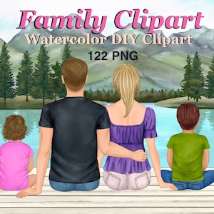 Clipart di famiglia personalizzabili. Membri della famiglia acquerellati. Clipart fai da te per bambini e genitori. Ritratto di famiglia estivo. Grafica di persone sedute.