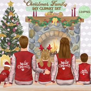 Imágenes prediseñadas de familia numerosa de Navidad. Retrato familiar hecho en casa. Chimenea acogedora. Pareja con niños png. Gráficos de interiores de casas de vacaciones. Imagen festiva