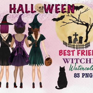 Aquarel beste vrienden clipart. Halloween-heksen. Halloween-zelfportret. Gepersonaliseerd cadeau voor besties. Gotische BFF