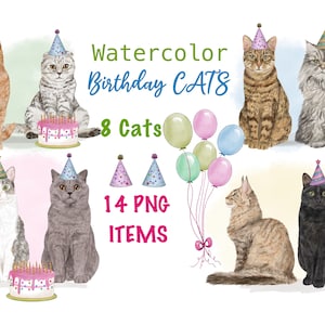 Clipart chat aquarelle. Illustration mignonne de chat d'anniversaire. Clipat pour chaton. Graphiques de carte de voeux. Chat tigré, félin png. Chat noir.