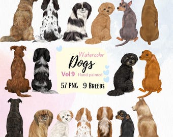May include: Watercolor illustrations of 15 different dog breeds sitting in a row. The dogs are all facing away from the viewer and are painted in a variety of colors. The text "Watercolor Dogs Vol 9 Hand painted 57 PNG 9 BREEDS" is written below the dogs.