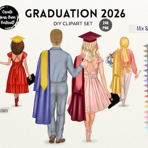 Graduierung 2026 Clipart, graduierte Rückansicht Clipart, Mix und Match-Graduierung PNG, graduierte Mädchen Jungen Clipart, Abschlussfeier Porträt
