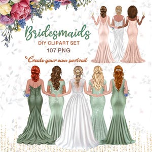 Brautjungfer Clipart. Hochzeitskleid Clipart. Benutzerdefinierte Braut Grafiken. Braut Porträt Schöpfer. Beste Freunde Brautjungfern. Glitzernde Braut png