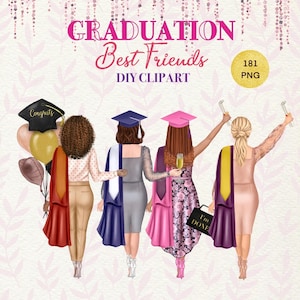Clipart ragazze laureate. Migliori amiche laureate. Clipart fai da te laureate. Collage di ritratti. Studenti universitari con grafica di diploma.