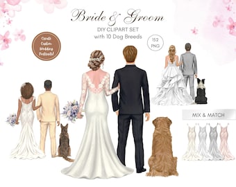 Bride Groom with Dogs Portrait Creator, Back View Wedding Portrait PNG (Digital Download)