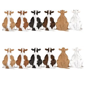 May include: A row of ten cows sitting with their backs to the viewer. The cows are all different colors, including brown, black, and white. They are all looking in the same direction.