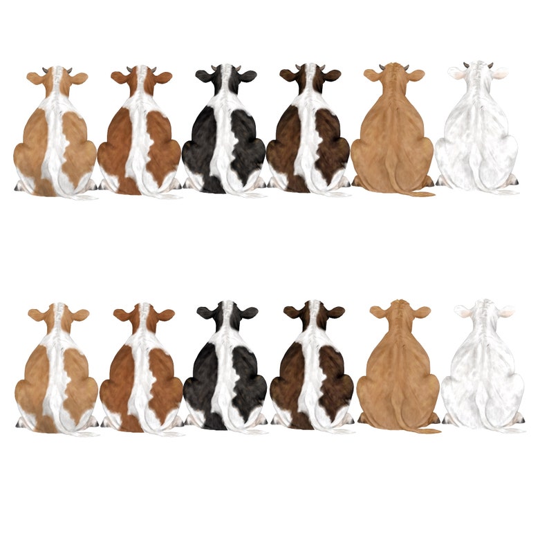 May include: A row of ten cows sitting with their backs to the viewer. The cows are all different colors, including brown, black, and white. They are all looking in the same direction.