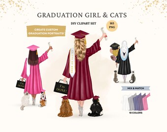 Graduation Girl Cats Clipart, Watercolor Portrait Creator, Class of 2026 (Digital Download)