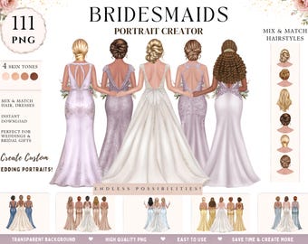 Back view Bridesmaids Clipart, Mix Match Wedding Portrait Creator (Digital Download)