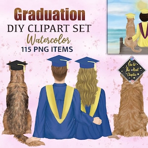 Clipart de graduación en acuarela. Ilustración de pareja graduándose. Collage de estudiante con perros. Diseño de retrato de estudiante de licenciatura. Generación de 2024.