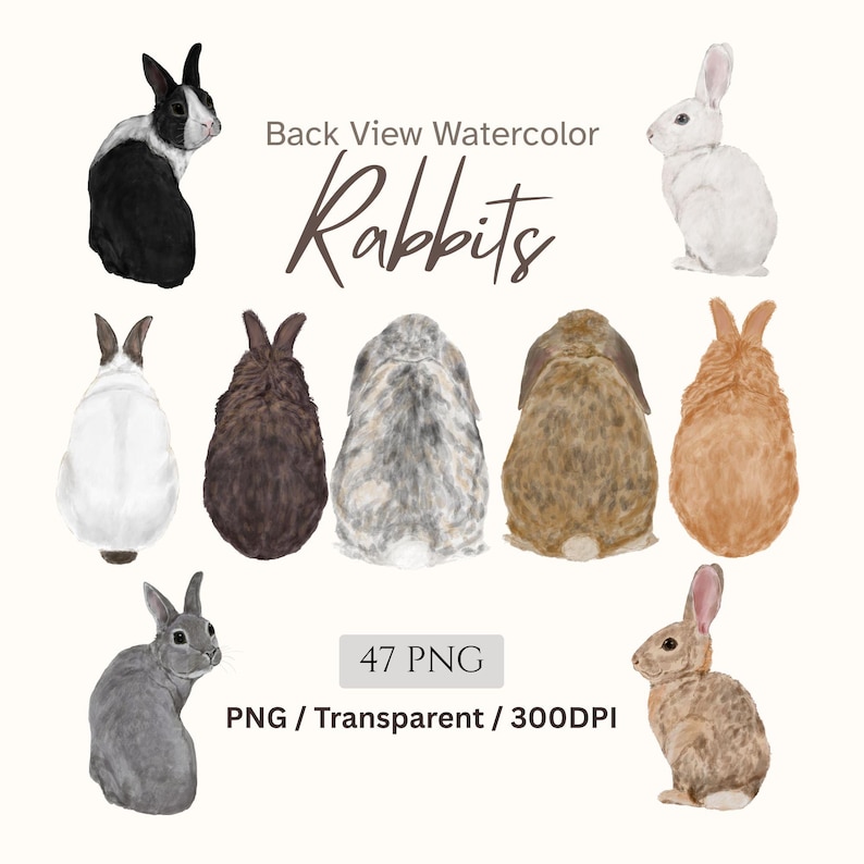 Back View Watercolor Rabbit Clipart, Bunny PNG Set, Rear View Rabbit ...