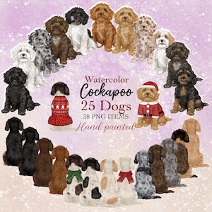 Clipart de Cockapoo en acuarela. Retrato de Cockapoo. Regalo para dueños de Cockapoo, miembros de la familia. Creador de retratos. Perros sentados en la parte trasera. Perros navideños PNG.
