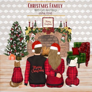 Kerst familie clipart. Ontwerp familieportret. Gepersonaliseerde paar clipart. Mensen met hond en kat. Gezellige winterafbeeldingen. Zittende mensen