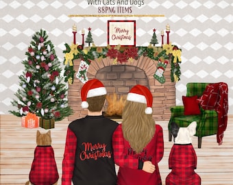 Christmas Family Clipart. Family Portrait Design. Personalized Couple Clipart. People with Dog and cat. Cosy Winter Graphics. Sitting People