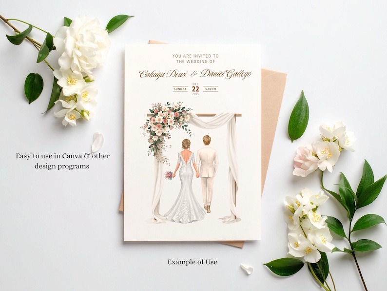 May include: A wedding invitation card featuring an illustration of a couple standing under a floral arch. The text reads: YOU ARE INVITED TO THE WEDDING OF Cahaya Dewi & Daniel Gallego, SUNDAY DEC 22 2025, 5:00PM. The card is placed on a tan envelope with white flowers.