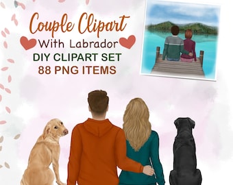 Hoodie Couple Clipart. People from back view. Boyfriend Girlfriend DIY Portrait. Dog Mother. Family With Dog. Portrait creator. POD Clipart