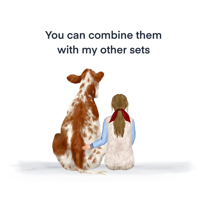May include: A brown and white cow with a girl sitting behind it. The girl is wearing a white vest and a red bow in her hair. The text "You can combine them with my other sets" is above the cow and girl.