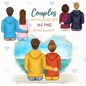 Aquarell Paar DIY Clipart. Freund Freundin Clipart. Hoodie Paare. Porträt-Schöpfer. Valentinstag Clip Art. Pärchen am Strand png