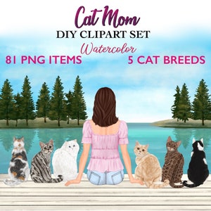 Kat moeder clipart. Beste vrienden.  Zittend meisje met katten. Bundel kattenrassen. Cadeau voor dierenliefhebbers. Kittenillustratie. Kat als herdenkingscadeau voor haar.