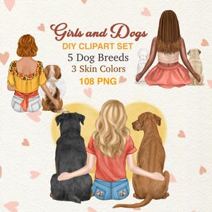 Aquarel hond moeder clipart. Meisje en honden terug. Clipart huisdierverlies, hondenrassen, png. Hondenbezitters cadeau. Familieleden. Dog Best Friends, png