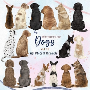 Hunderassen Clipart. Hund Sitzt Rückenansicht. Aquarell Hundeportrait. Hunde Typen Illustration. Familienmitglieder. Hunderassen kreuzen. Tierkunst