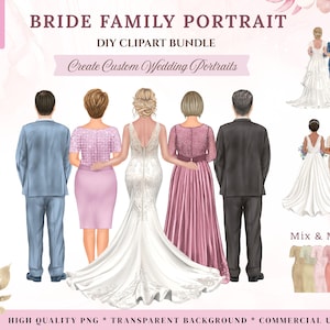 Könnte beinhalten: Ein digitales Clipart-Paket mit dem Titel BRIDE FAMILY PORTRAIT DIY CLIPART BUNDLE mit 134 PNG-Dateien. Das Bild zeigt Illustrationen einer Braut in einem weißen Kleid, umgeben von Familienmitgliedern in formeller Kleidung.