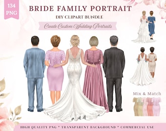 Bride with Parents Clipart, Back View Wedding PNG Set (Digital Download 134 files)