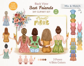 Set di clipart di amici visti di spalle, pose da combinare, tonalità della pelle (PNG)