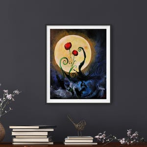 Simplemente destinado a ser – Pintura floral a la luz de la luna de 8x10 sobre lienzo, arte mural de rosas rojas, acrílico oscuro y caprichoso, decoración de jardín gótico