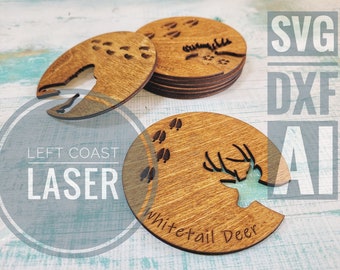 INSTANT DOWNLOAD - 8  pieces - Animal tracks - Wild life peek a boo cut out coasters with storage box - svg dxf ai