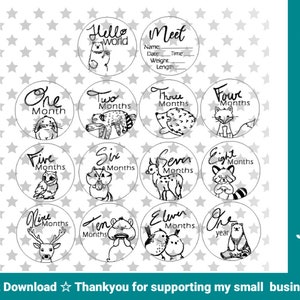 May include: Black and white printable baby milestone stickers featuring cute animal illustrations. The stickers include the phrases "Hello World", "Meet", "One Month", "Two Months", "Three Months", "Four Months", "Five Months", "Six Months", "Seven Months", "Eight Months", "Nine Months", "Ten Months", "Eleven Months", and "One Year".