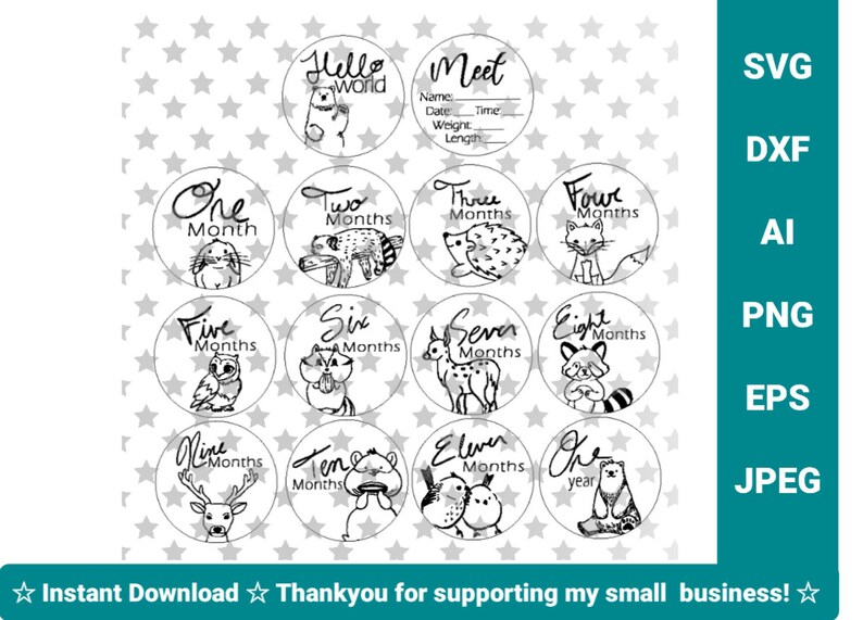 May include: Black and white printable baby milestone stickers featuring cute animal illustrations. The stickers include the phrases "Hello World", "Meet", "One Month", "Two Months", "Three Months", "Four Months", "Five Months", "Six Months", "Seven Months", "Eight Months", "Nine Months", "Ten Months", "Eleven Months", and "One Year".