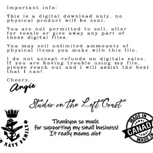 May include: A digital download information sheet with the text "Important info:" and "Studio on the Left Coast". The sheet also includes a logo with the text "Proud Navy Family" and a stamp that says "Made in Canada".