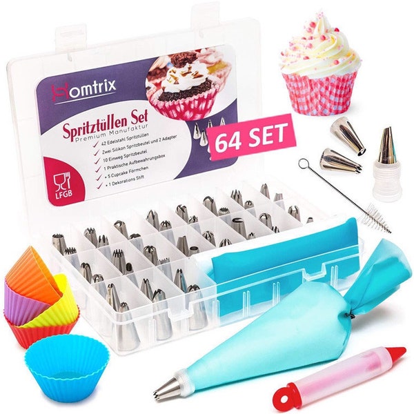 64-piece piping nozzle set 48 x stainless steel nozzles + adapter + 2 silicone piping bags + 10 disposable piping bags cupkace molds decorative pen