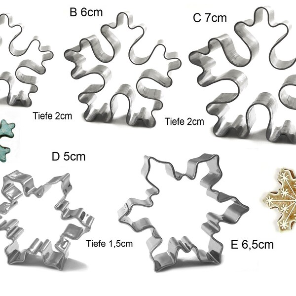 Edelstahl Ausstechform verschiedene Schneeflocken Eiskristall einzeln oder als Set 50 - 70mm
