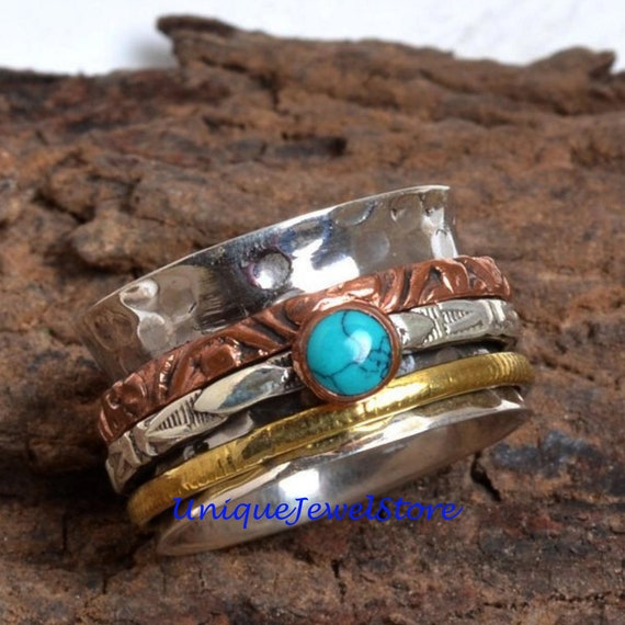 Wonderful Round Shape Natural Turquoise Gemstone 925 Sterling Silver Spinner Ring Texture Handcrafted Ring Wide Band