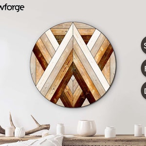 May include: A circular wooden wall art piece with a geometric pattern of brown, beige, and white wood planks. The design features a series of overlapping triangles and squares.