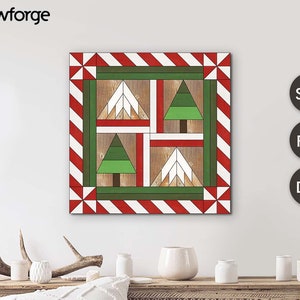 May include: A digital design featuring a red and white candy cane border with a green and white Christmas tree pattern inside. The design is available in SVG, PDF, and DXF formats.