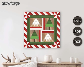 May include: A digital design featuring a red and white candy cane border with a green and white Christmas tree pattern inside. The design is available in SVG, PDF, and DXF formats.