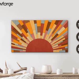 May include: Geometric sunburst design in shades of orange, red, brown, and gray. The design is made up of many small rectangles that are arranged in a radial pattern. The sunburst is centered on a large red circle.