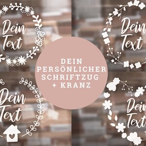 Türkranz Aufkleber | Schaufenster Deko| Personalisierter Vinylsticker Blumenkranz mit deinem Text, z.B. als Namensschild | Willkommensschild