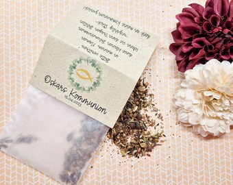 Gastgeschenk Kommunion Blumensamen | personalisiert mit Name und Datum | Etikett aus Graspapier