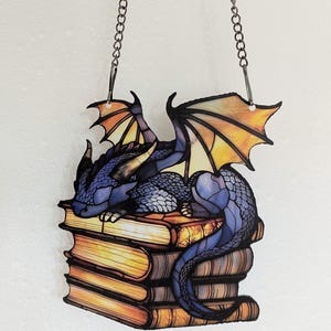Book Dragon Suncatcher - Fantasy Window Ornament Acrylic Hanging Decor Romantasy Book Lover & Bookshelf Gift