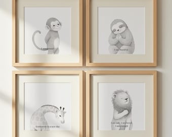 Tableau des routines du coucher pour enfants, affiches d'affirmations d'animaux, art du coin calme (téléchargement numérique)