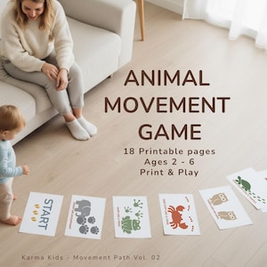 Peut inclure: Un jeu pour enfants avec des cartes de mouvements d'animaux. Les cartes pr&eacute;sentent des empreintes d'animaux et des illustrations, avec le mot "START" et "T&eacute;l&eacute;chargement instantan&eacute;". Le texte "ANIMAL MOVEMENT GAME" est &eacute;galement visible.