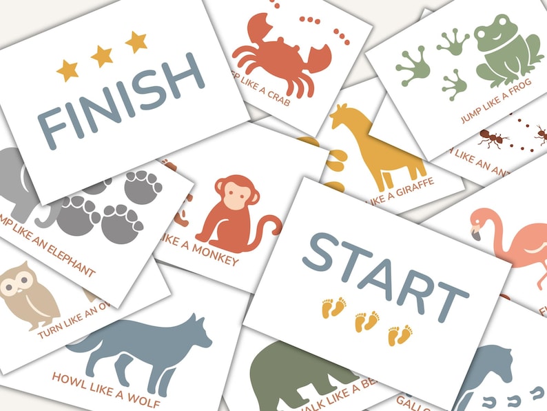 Peut inclure: Ensemble de cartes blanches avec des illustrations d'animaux et des instructions de mouvement. Les cartes affichent du texte tel que &laquo;&nbsp;D&eacute;but&nbsp;&raquo; et &laquo;&nbsp;Fin&nbsp;&raquo;, ainsi que des invites comme &laquo;&nbsp;Sautez comme une grenouille&nbsp;&raquo; et &laquo;&nbsp;Hurlez comme un loup&nbsp;&raquo;. Les cartes utilisent des graphiques orange, gris et vert.