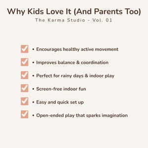 May include: A beige graphic with the text "Why Kids Love It (And Parents Too)" and bullet points listing benefits like encouraging movement, improving balance, and screen-free fun. The Karma Studio Vol. 01 is also displayed.