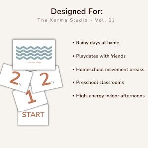 May include: Cards with illustrations and text, including a wavy line design and numbers. The text reads "Designed For: The Karma Studio - Vol. 01" and lists activities like rainy days at home and preschool classrooms.