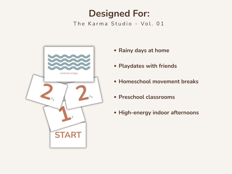 May include: Cards with illustrations and text, including a wavy line design and numbers. The text reads "Designed For: The Karma Studio - Vol. 01" and lists activities like rainy days at home and preschool classrooms.