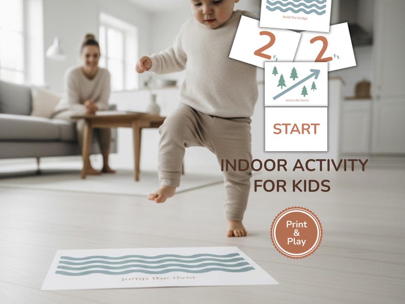 May include: A young child jumps over a printed mat with a wavy blue design, labelled "Jump the River." The image includes cards with instructions for an indoor activity, with the text "INDOOR ACTIVITY FOR KIDS" and a "Print & Play" logo.